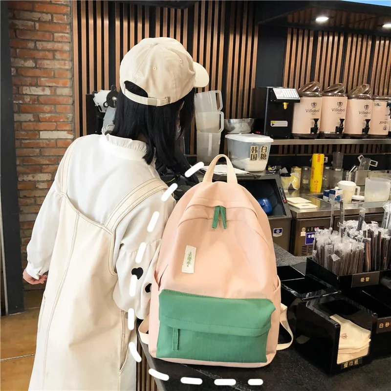

2019 Summer New Style Backpack WOMEN'S Bag Fashion Contrast Color Canvas Bag Simple Large Capacity Schoolbag