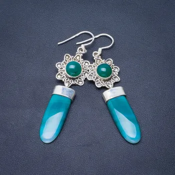 

Natural Botswana Agate and Chrysoprase Handmade Unique 925 Sterling Silver Earrings 2.5" B2123