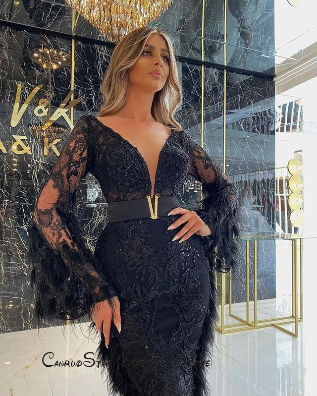 Champagne Feather Lace Cocktail Dresses Long Pagoda Sleeve V Neck Ankle Length Short Prom Gown Party Dresses