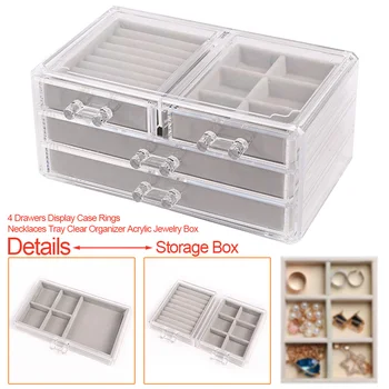 

Storage Holder Rings Necklaces Tray Packaging Clear Organizer Display Case Stand Acrylic Jewelry Box 4 Drawers Protable Desktop