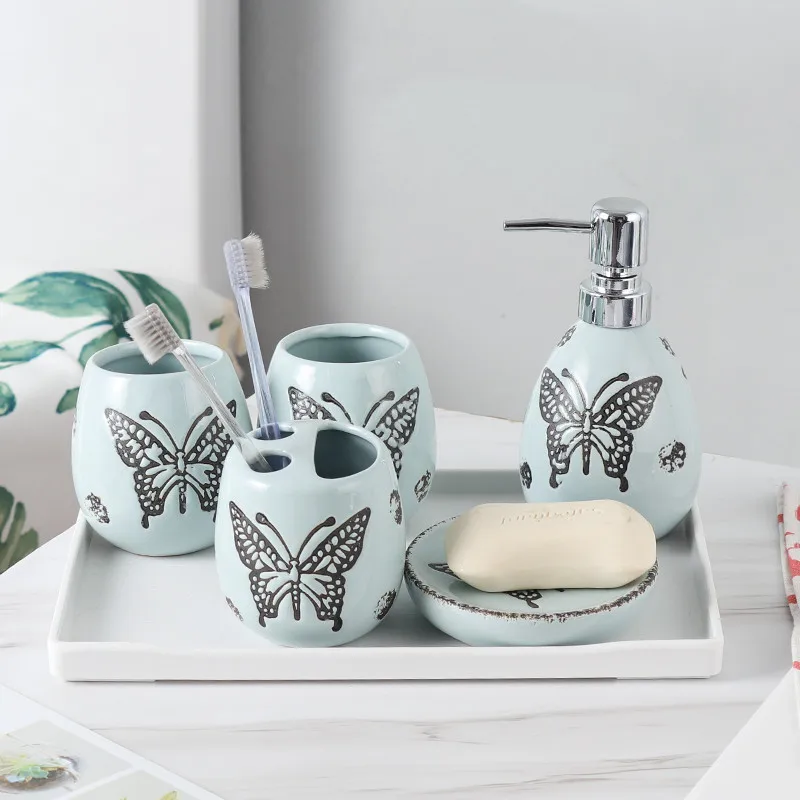 5pcs Butterfly Decor Ceramics Bathroom Set Accessory Soap Dish Toothbrush Cup 