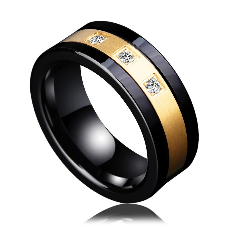 

New Arrival 8mm Width Black Tungsten Engagement Rings High Polished Gold Color Brushed Finishing Inlay Three PCS White CZ Stones