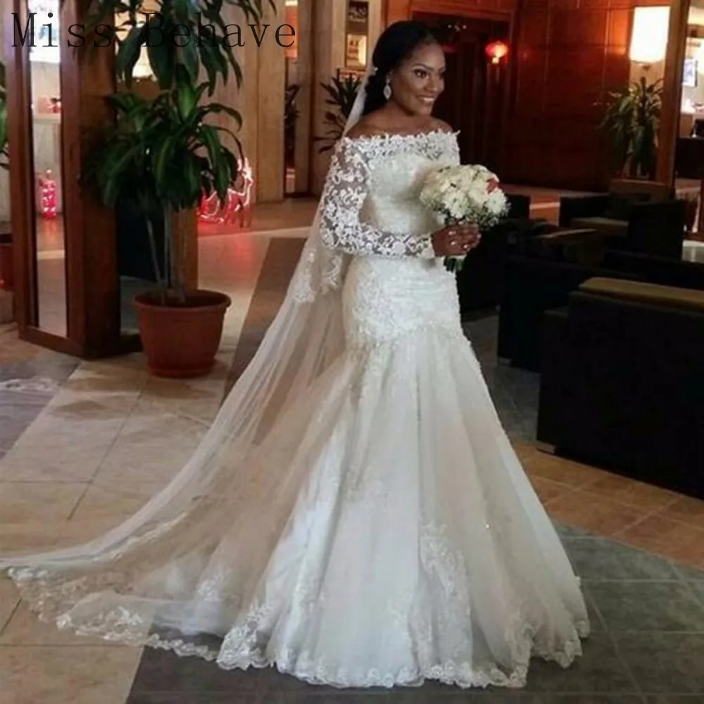 

DD JYOY Lace Wedding Dress Mermaid Elegant Off Shoulder Long Sleeve Bridal Gown Africa Wedding Dress with Train Zipper Back
