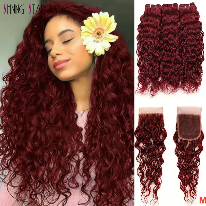 

99J Red Water Wave Bundles With Closure Pre-Colored Burgundy Bundles With Closure Brazilian Shining Star Human Hair Weave Remy