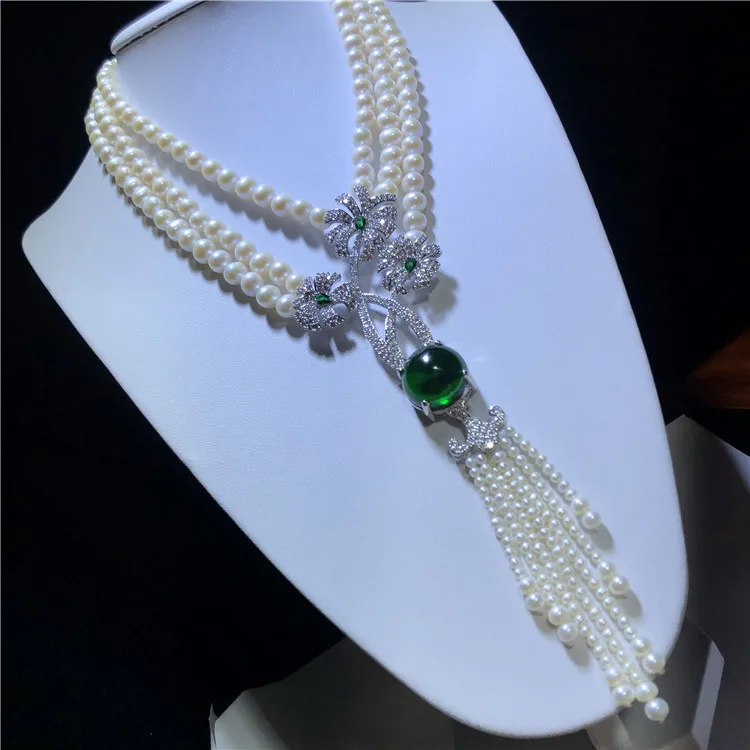 Hand knotted 3rows natural 8-9mm white freshwater pearl fashion necklace micro inlay zircon accessories
