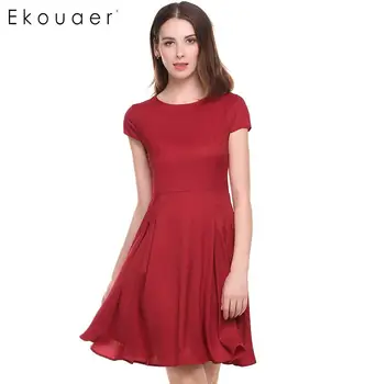 

Ekouaer New Short Summer Dress Women Casual O-Neck Cap Sleeve Party Above Knee Solid Tunic A-Line Pleated Hem Chiffon Dresses