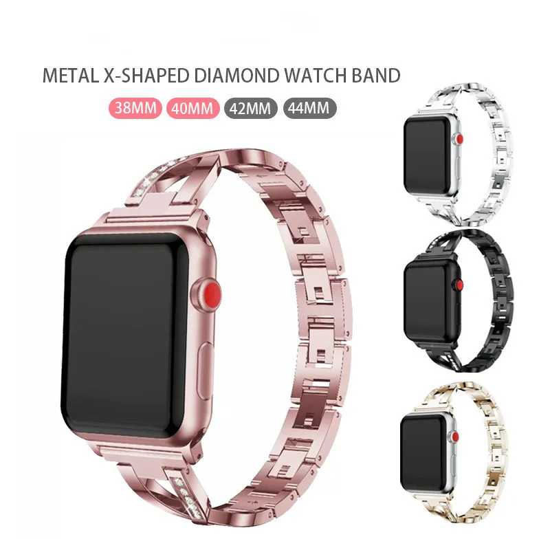 

For iWatch 5 4 3 2 1 Series X Shape Stainless Steel Watchband with Rhinestone Metal Watch Band 38mm 40mm 42mm 44mm