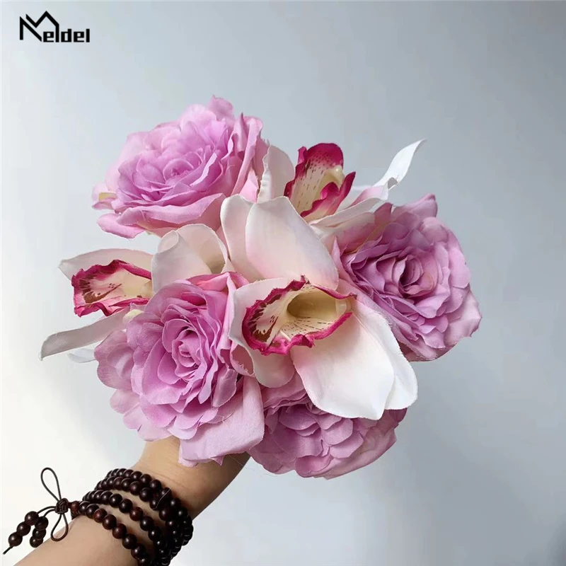 Meldel Artificial Flower Bouquet Silk Rose Orchid Fake Girl Purple Pink DIY Home Party Decoration Wedding Supply | Дом и сад