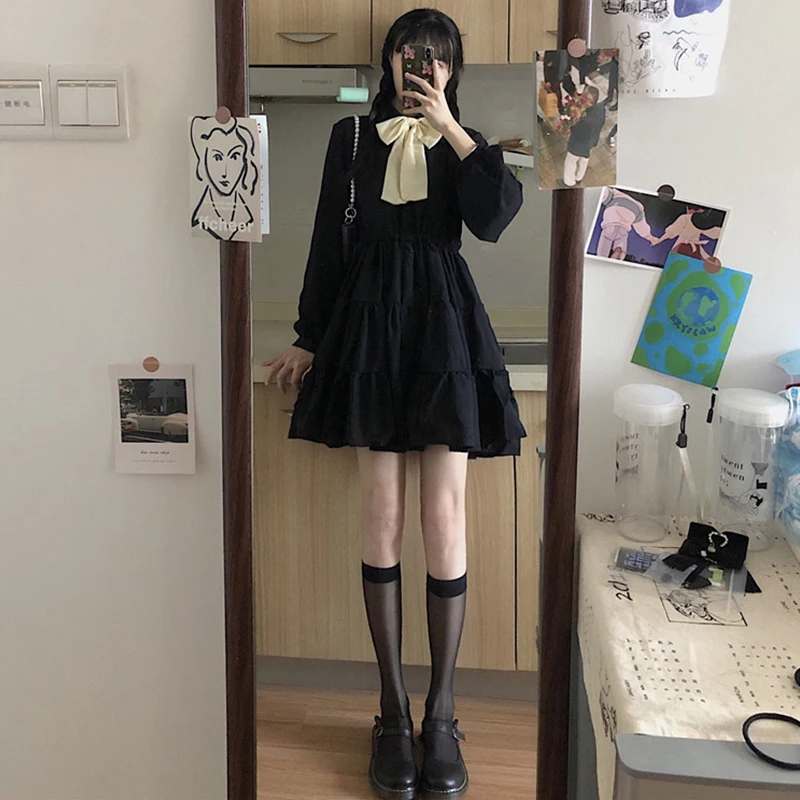 

Cool Sweet Dating Clothes Sweet Black Dress Cake Dress Dress Women's Spring Autumn New Long-Sleeved Clothing for Spring Dress