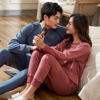 

Couples Pajamas Female Spring and Autumn Pure Cotton Long Sleeve Crew Neck Pullover Set Korean-style May Outer Wear Autumn and W