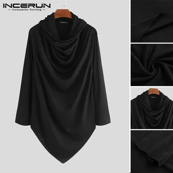 

Mens Shirt Punk Hooded Stylish Long Sleeve Blouse Male Black Irregular Tees Slim High Necked Streetwear Tops S-5XL INCERUN