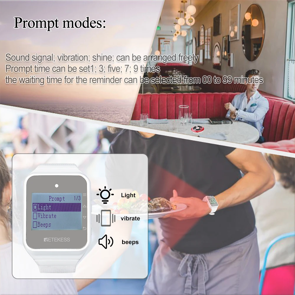 Retekess Wireless Pager Restaurant Waiter Calling System TD108 Watch Receiver+10 T117 Call Button Transmitter Cafe Office Clinic