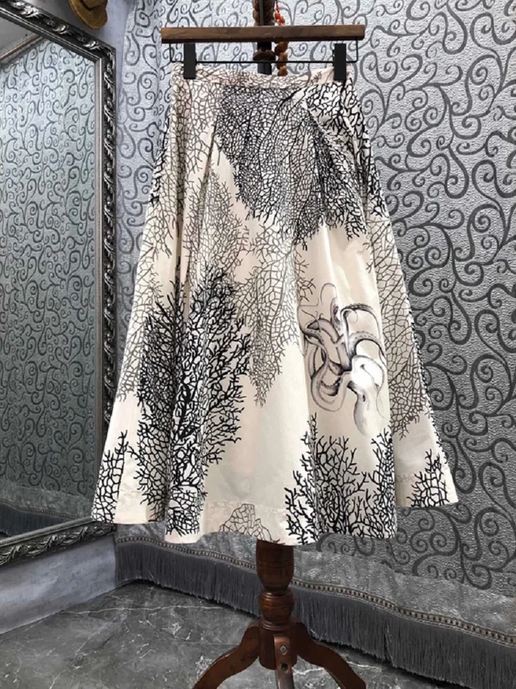 100%Cotton Women's Skirt 2021 Autumn High Quality Clothes Ladies Sexy Wild Prints Pocket Patchwork Large Swing Casual Skirts