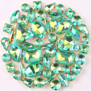 

Gold claw setting 50pcs/bag shapes mix jelly candy Emerald AB glass crystal sew on rhinestone wedding dress shoes bags diy