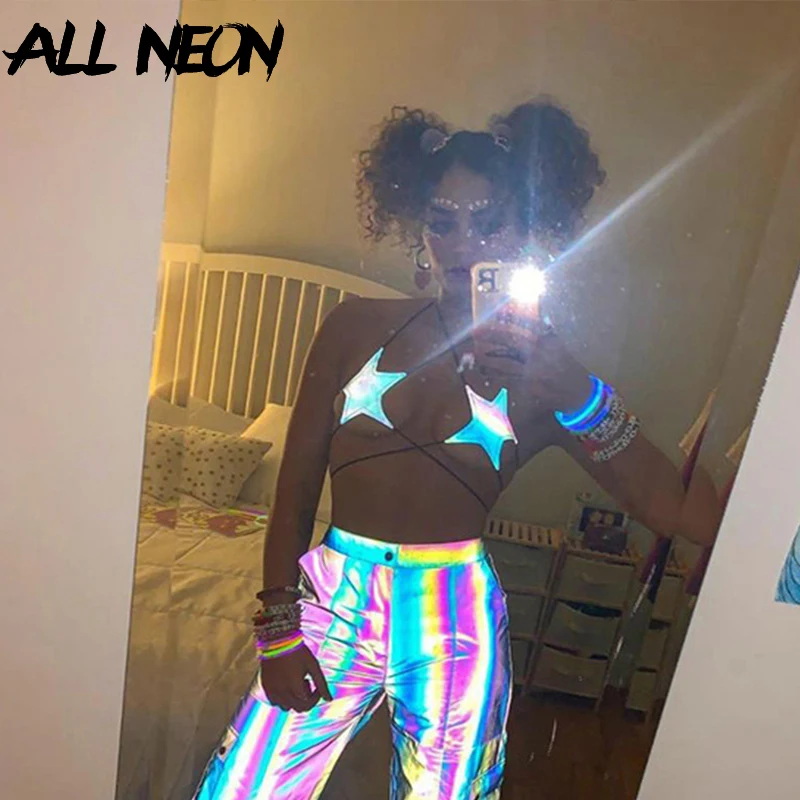 

Sexy Pentagram Bandage Crop Tops Halter Holographic Backless Tank Tops Hollow out Cropped Tops Rave Festive Clothes for Women