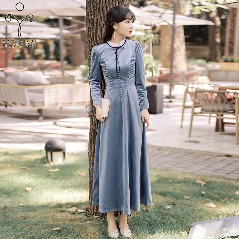

Long Women Dress Velvet Vintage 2020 Spring Stand Neck Full Sleeve Mid-calf Fit and Flare Lace Female Vestidos De Fiesta Gray