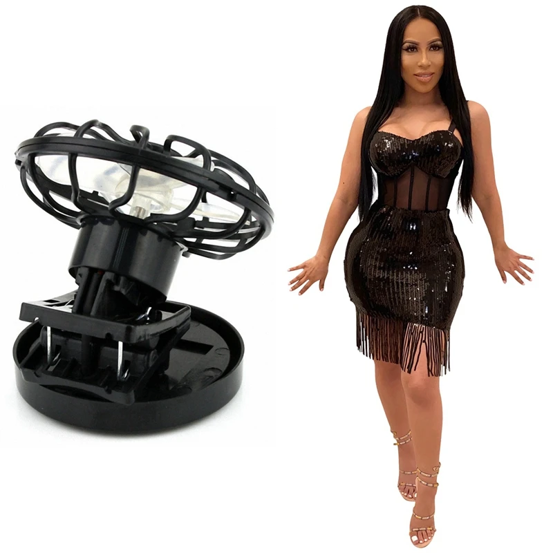 Clip-On Solar Cell Fan With Sequin Strap Sleeveless High Waist Sexy Party Night Club Street Bandage Dresses Black XL | Бытовая техника