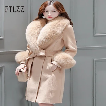 

Medium Long Wool Coat Women Slim With Belt Khaki Outerwear Ladies Elegant Faux Fur Collar Autumn Winter Woman Pink Coats