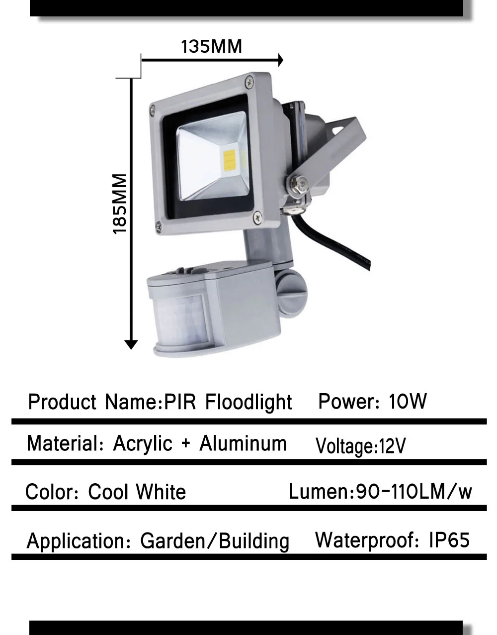 12V Flood light LED for Outdoor Lighting Sensor 10W Lights 6000K Spotlight LED Floodlight Cool White PIR Security Motion