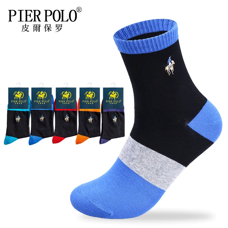 

5 Pairs/lot Brand PIER POLO Fashion Wide Stripes Casual Cotton Socks Business Embroidery Men's Socks Manufacturer Wholesale