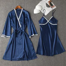 Nighty& robe набор элегантные однотонные женские пижамы Ночная рубашка сексуальная глубокий v-образный вырез Мини Ночная рубашка Повседневная Мягкая атласная домашняя одежда