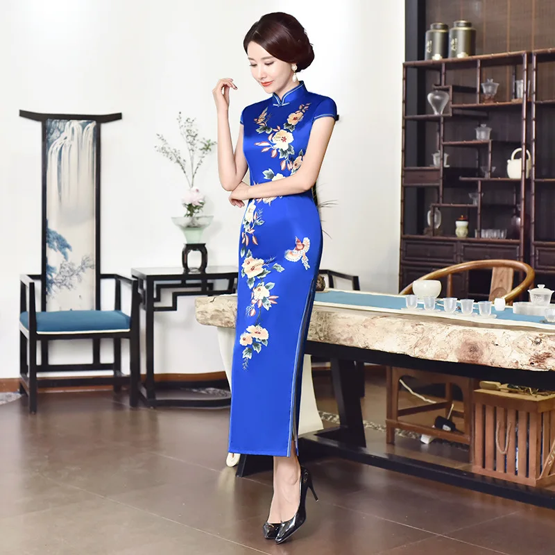 Элегантные атласные женские вечерние Qipao Цветочные Длинные китайские традиционные восточные тонкие Cheongsam Vestidos плюс размер M-4XL