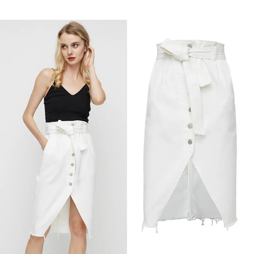 

Women Summer Personality Design Pure White Hip Skirt Long Irregular Split Burr With Belt Hip Denim Popular Wild Sexy Skirt
