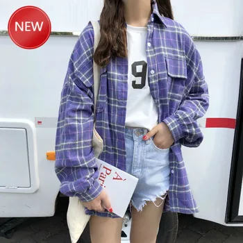 

Women Large Size Harajuku Long Sleeve Korean Loose Plaid Shirts Turn-down Collar Puff Sleeve Blouses Female Cotton Casual Blusas
