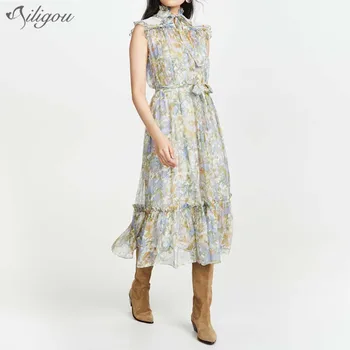

Ailigou Women's Summer Multicolor Floral Print Ruffled Retro Dress Runway Designer Ladies Bowknot Belt Ruffled Hem Long Dress