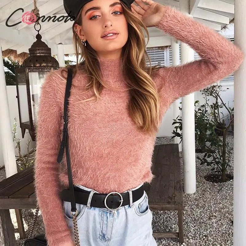 

Conmoto Women 2019 Autumn Winter Turtleneck Jumper Sweater Female Fashion Orange Hairy Pullover Sweater Fluffy Knit Tops