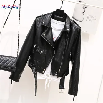 

PU Leather Women Long Sleeve Cropped Jackets Spring Turn Down Collar Black Color Zippers Short Coat Streetwear Clothes