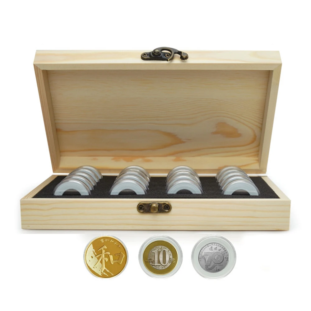Деревянные монеты Дисплей ящик для хранения Чехол для коллекционные монеты с 20 капсул