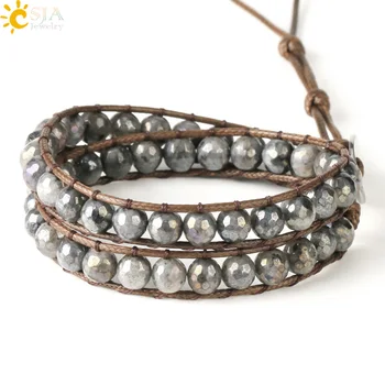 

CSJA Braided Bracelets Spectrolite Labradorite Natural Stone 6MM Beaded Wrap Bracelet 2 Strands Femme Boho Handmade Jewelry S626
