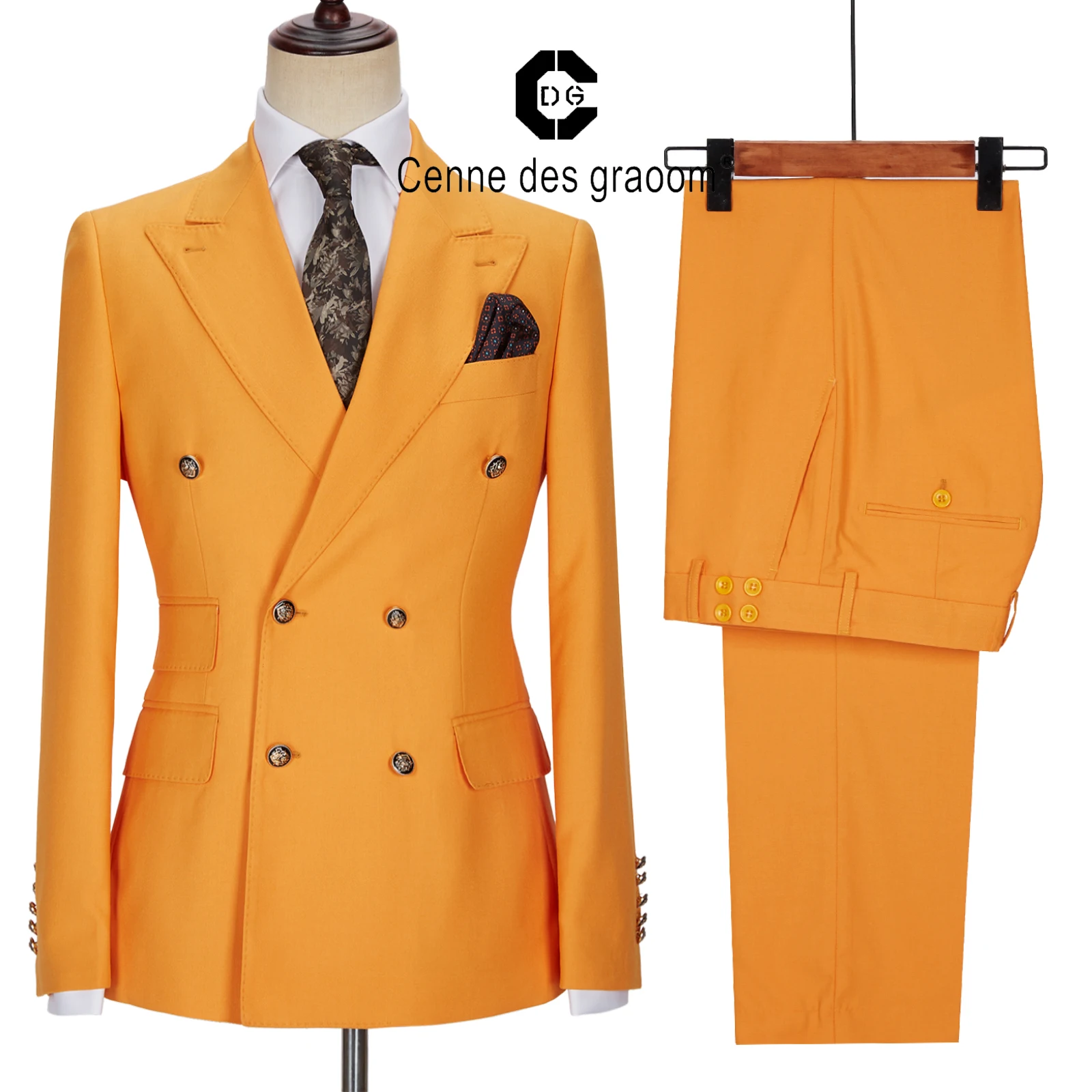 Cenne Des Graoom New Men Suits Winter Jackets Double Breasted Tailor-Made 2 Pieces Gold Button Blazer Pant Wedding Costume Homme