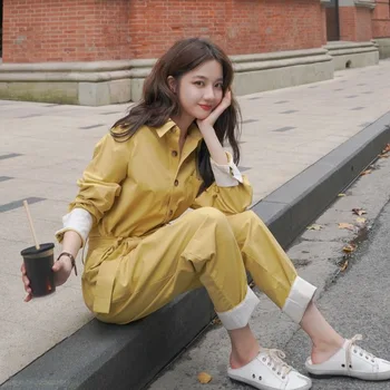 

Jumpsuit Women Promotion Real Vadim Women's 100-lap Lapels Single-row Buckle Pockets Long Sleeves Wide-legged Pants Spring
