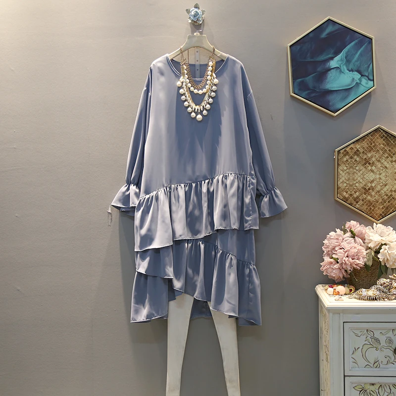 [EWQ] весна осень узор Круглый воротник длинный рукав ассиметричный пуловер Повседневное платье для женщин AK24612