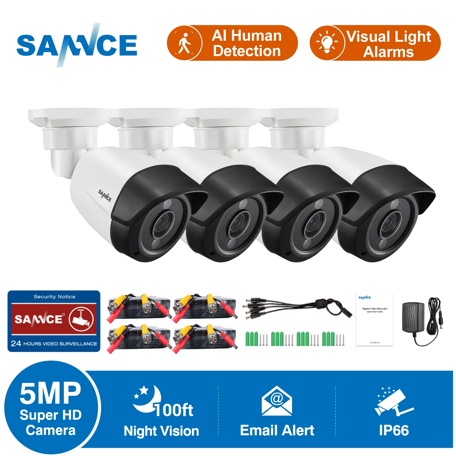 SANNCE 5MP Super HD Security Camera 4X 8X 100ft Night Vision Outdoor Surveillance CCTV Camera Waterp