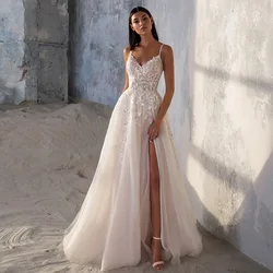 Sexy Spaghetti Strap Side Slit Ivory Wedding Dresses with Puffy Tulle Sequined A-Line Bridal Gowns Floor-Length 2022 Court Train