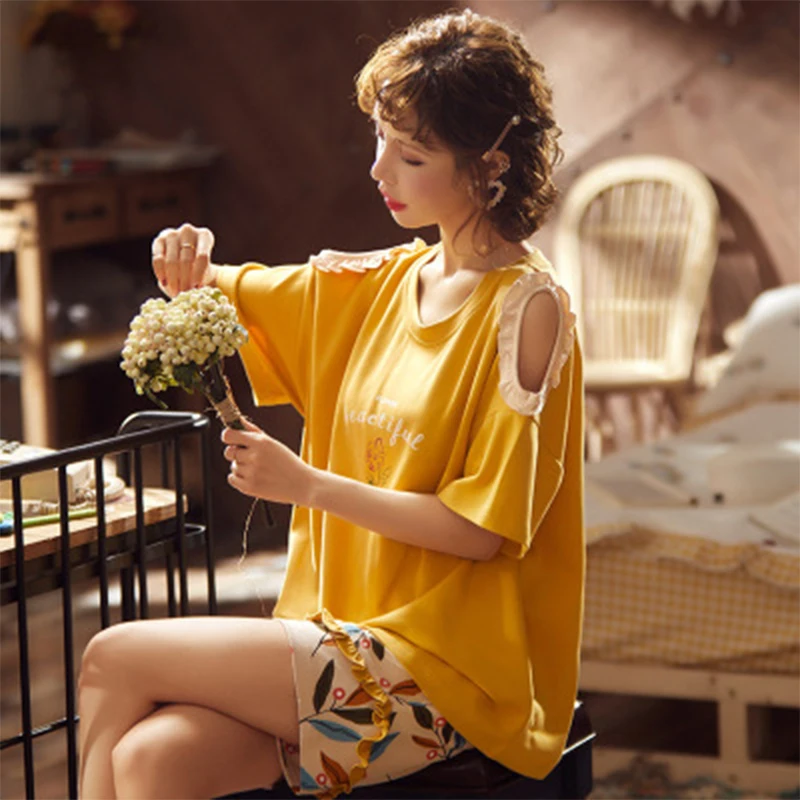 

KISBINI NEW 2020 Summer Pure Cotton Women Pajamas Printed Loose Short Pijamas Set Woman Yellow Homewear Sleepwear 2pcs