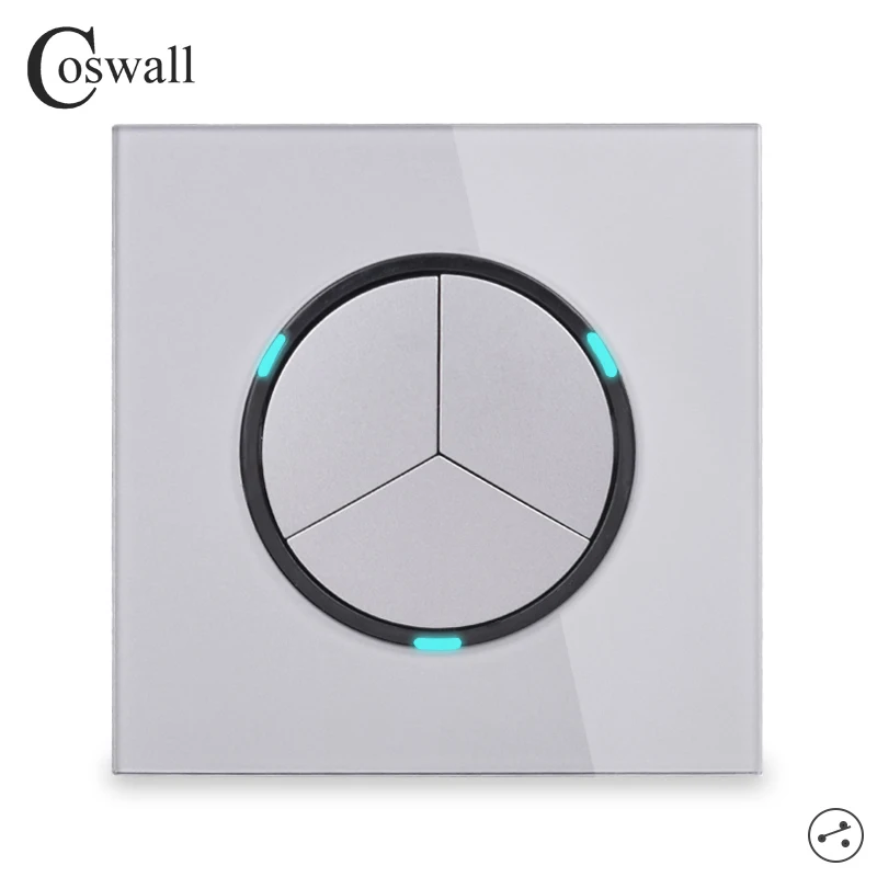 Coswall 3 банда 2 способа случайный щелчок вкл/выкл настенный светильник светодиодный индикатор проходной переключатель переключаемая стеклянная панель Серый
