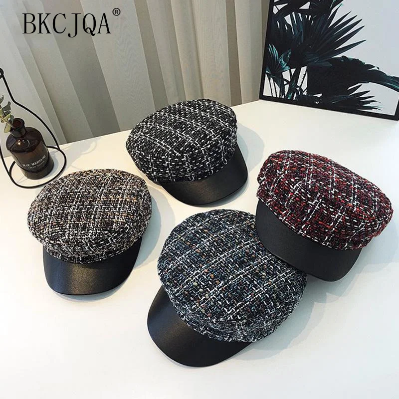 

Wool Beret Casual Plaid Tweed Military Cap Women Autumn Winter Female Beret Hat Female Caps Streetwear Fashion Ladies Painter