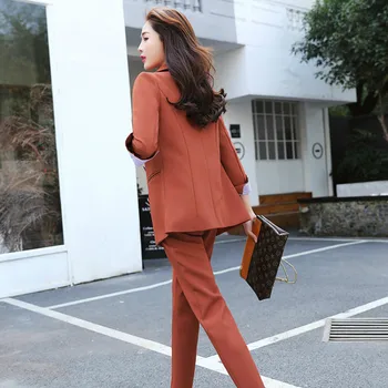

Women's single coat 2019 autumn new casual fashion temperament Slim solid color double-breasted small suit women's shirt set