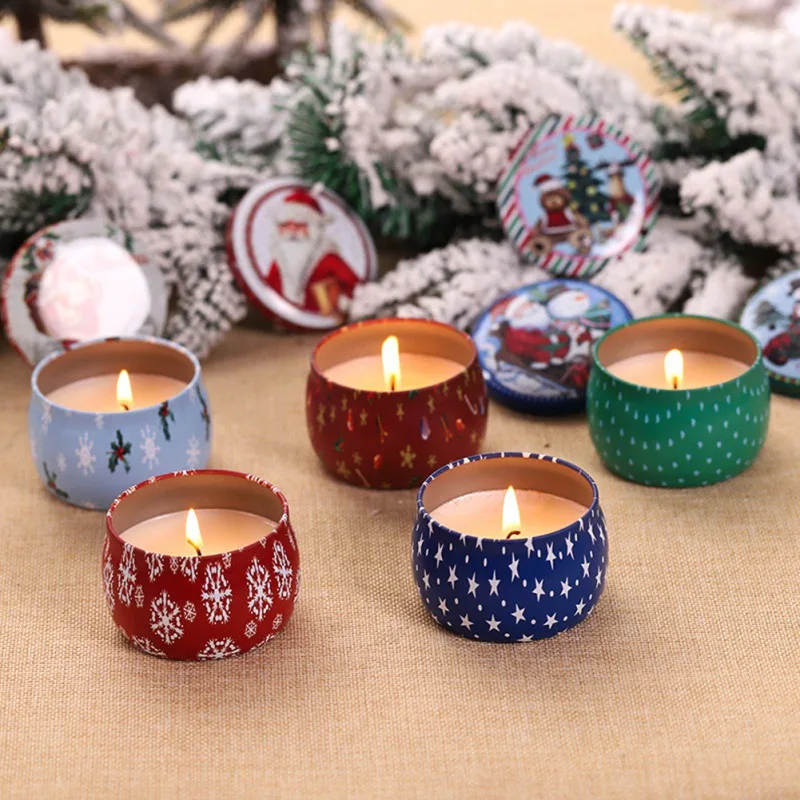 

1 Pcs Creative Christmas Candle With Tinplate Jar Smoke-free Candles Birthday Party Decoration Festive Home Decor Random Color