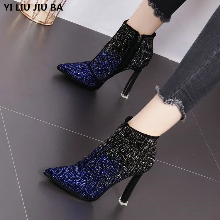 

New Women Boots Ankle PU Leather Zipper Booties High Heels Autumn Shoes Black Winter Boots Zapatos De Mujer Pointed Toe G952