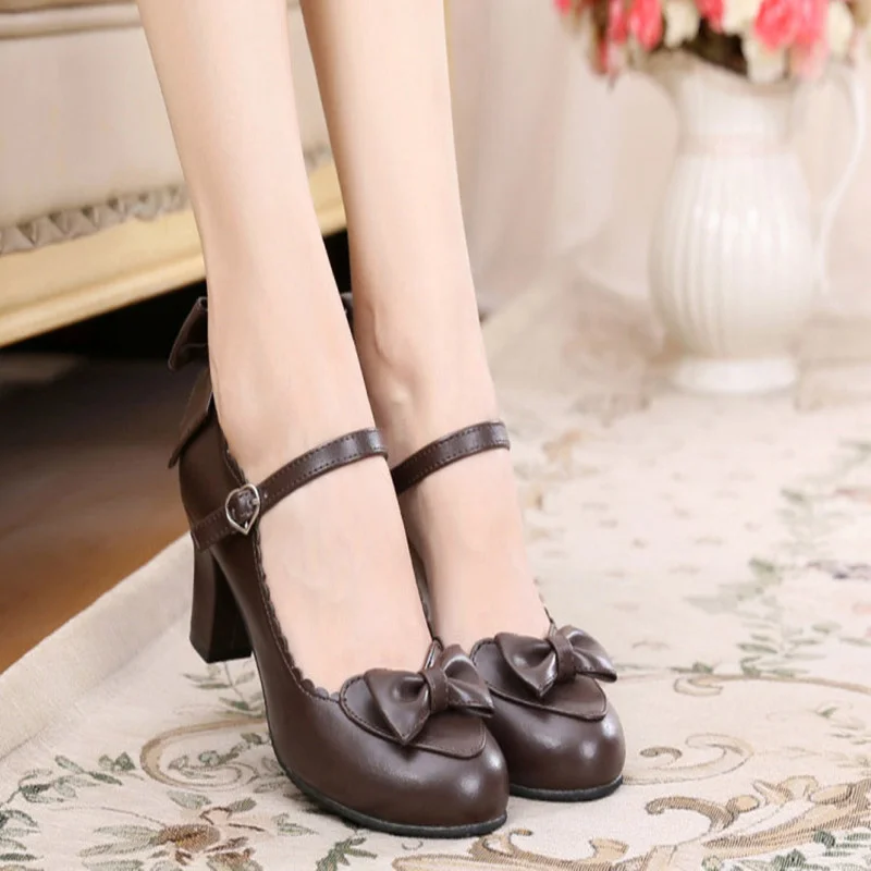 

Japanese Lolita round head student cute heart bow jk high heel shoes Bowknot Princess Kawaii Girl Women Shoes cos Vintage Sweet
