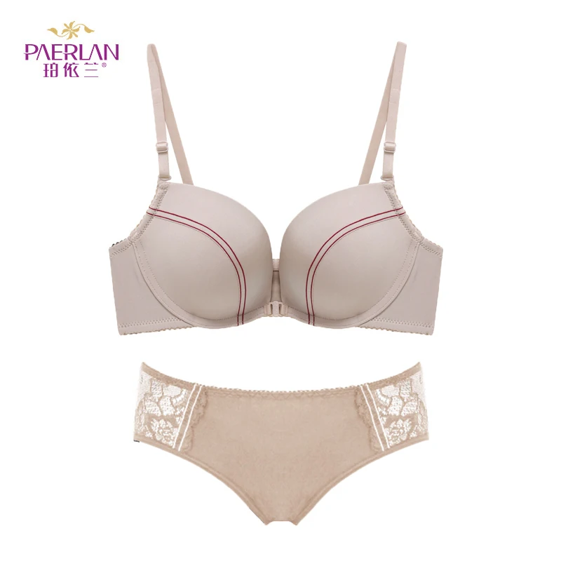 [Bra + underwear] Front Buckle Design Stitching Contrast color No Steel Ring Striped Female Bra Set No Trace Panties cheap underwear sets Bra & Brief Sets