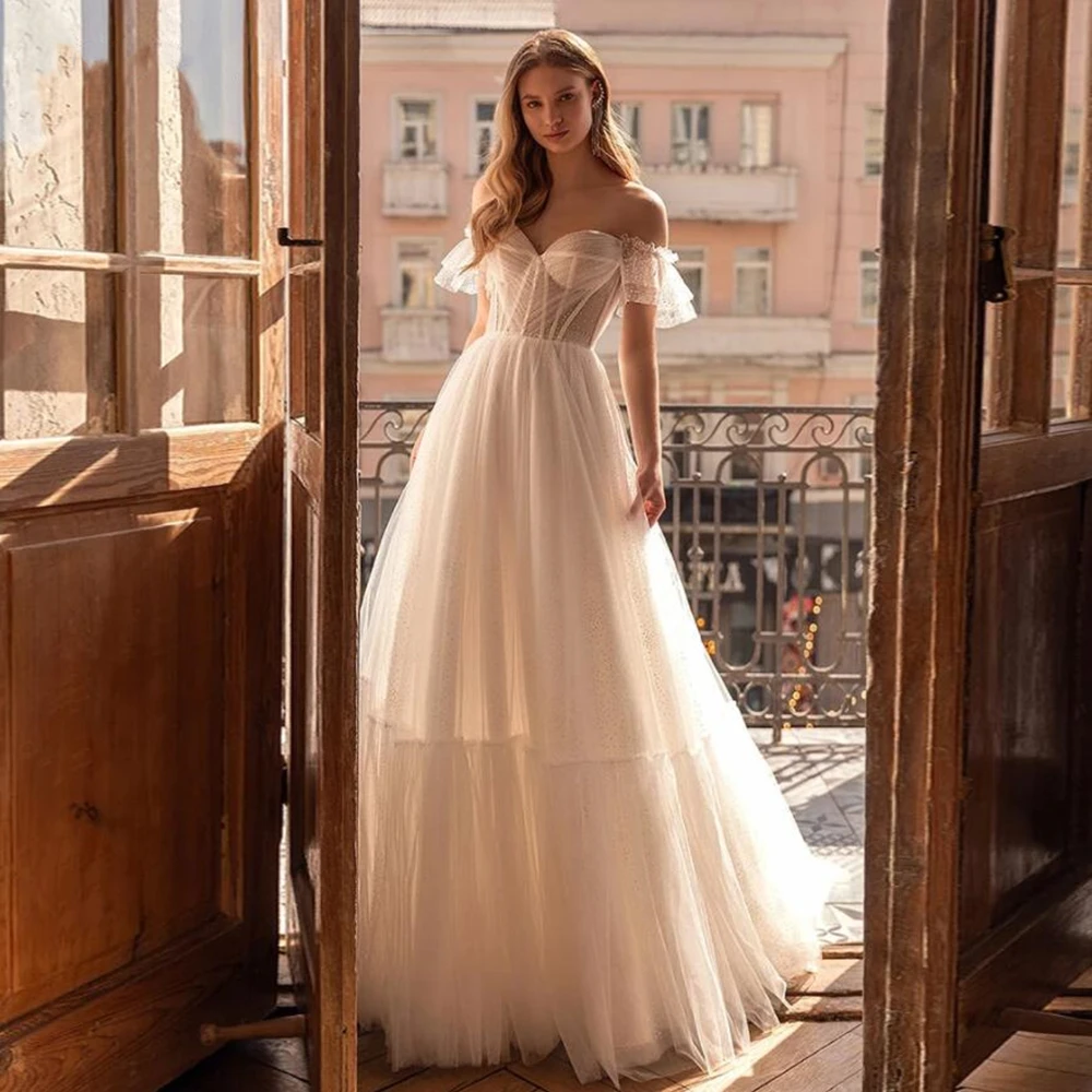 2022 Elegante Een Lijn Prinses Trouwjurk Met Lange Trein Sheer Hals Uit De Schouder Sweetheart Vestidos De Noiva Bridal gown|Bruidsjurken| -
