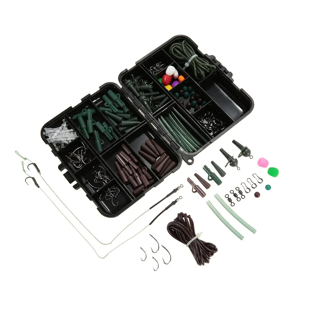155PCS Fishing Tackle Box New Carp Weights Safety Clips Hooks Swivels Hair Rigs 6mm Rubber Beads Shrink Tubing Spiral Sleeves