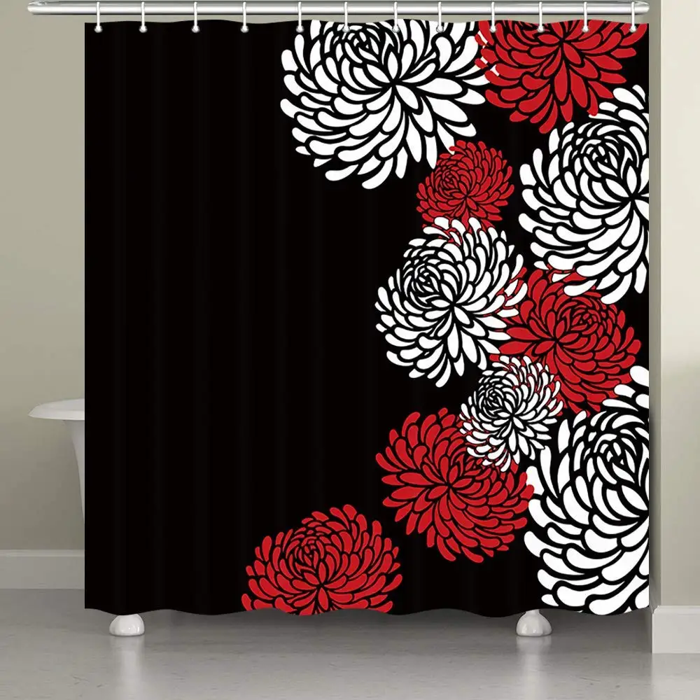 Black Waterproof Polyester Shower Curtain Red White Dahlia Print Decorative