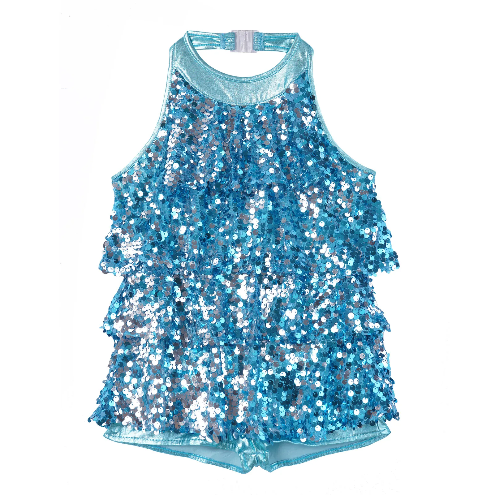 thumbnail image 1 of Traje de baile moderno para niñas, jazz, salsa latina, samba y rumba, top corto con lentejuelas brillantes metálicas y pantalones cortos con falda, culottes, 1 of 5